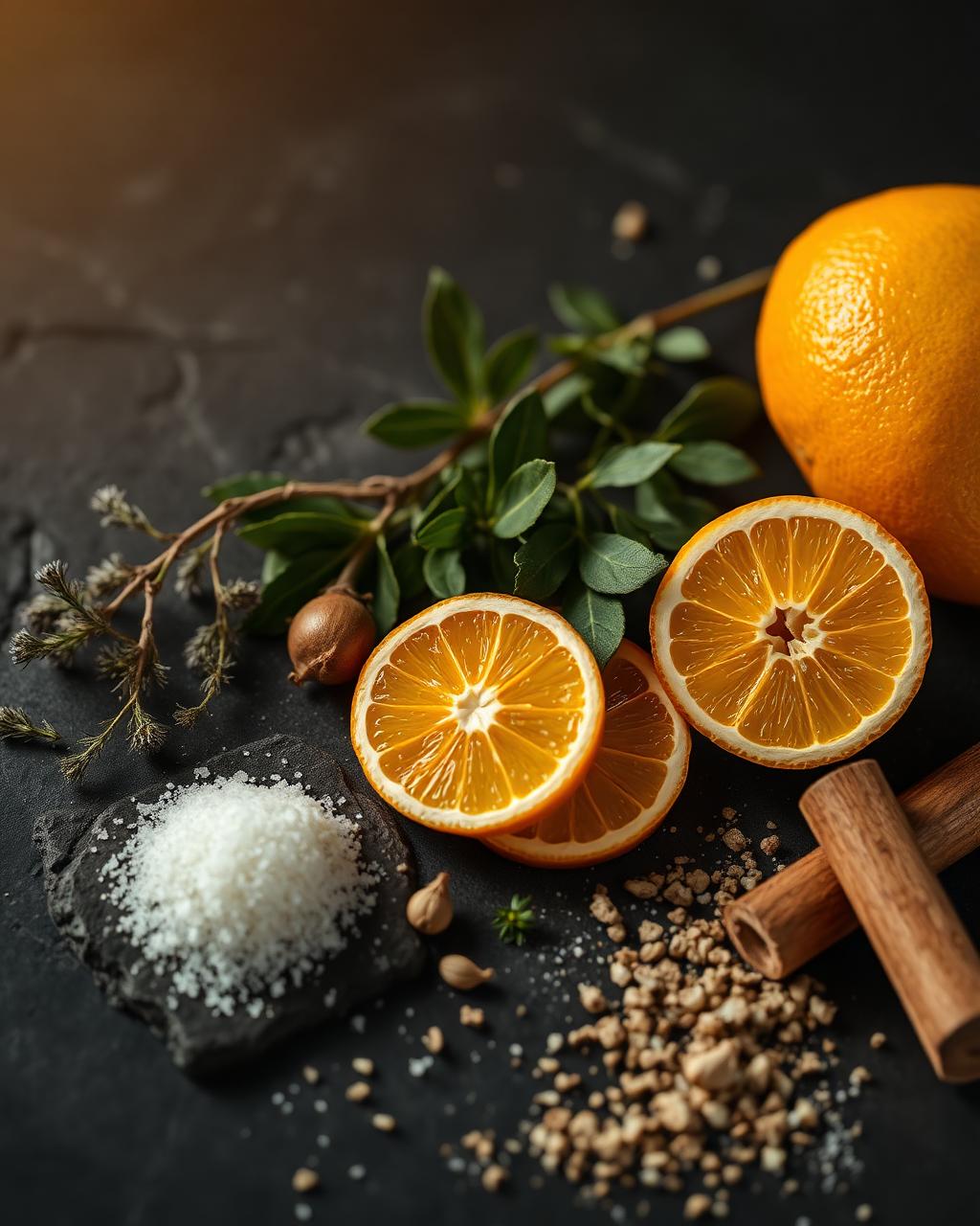 Frische Bio-Zutaten auf dunklem Stein